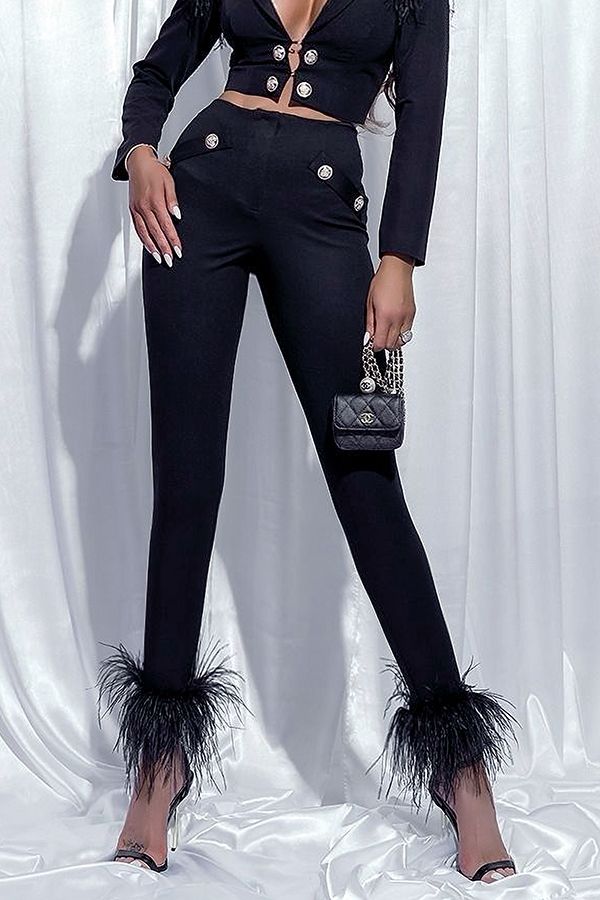 pantalon elegant mexton negru cu insertii de pene si nasturi